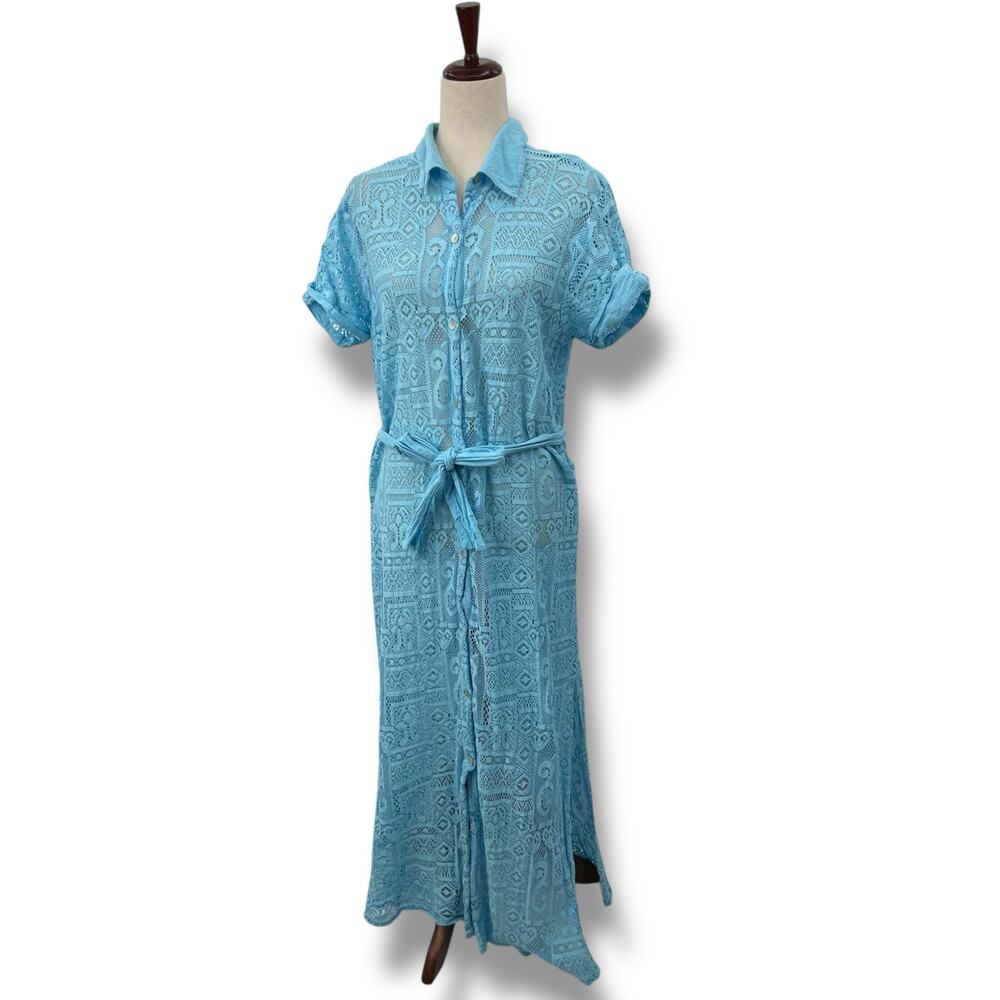 Becca Light Blue Collard Swimsuit Coverup Dress Large Cotton Guaze Lace Sheer - Picture 3 of 12